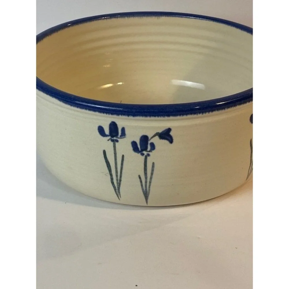 Lynn Gray Signed Studio Pottery Bowl Blue Iris Floral Cobalt Rim Large 9.5 Inch
